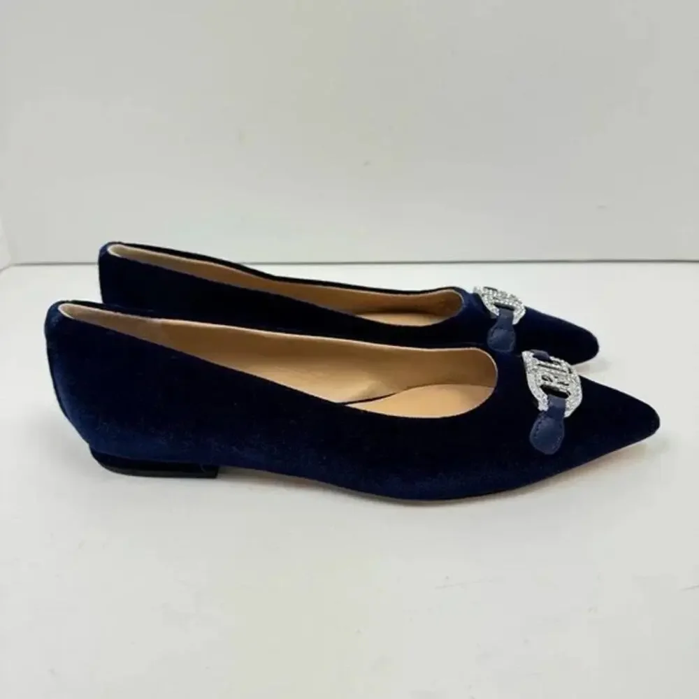 NEW Lauren Ralph Lauren | Lilah Navy Blue Velvet Crystal Logo Pointed Toe Flat